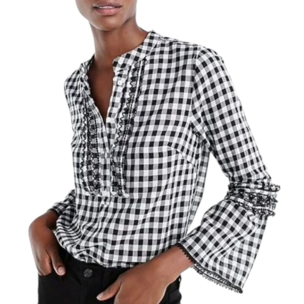 J. Crew Black and White Gingham Ruffle-Trim Blouse